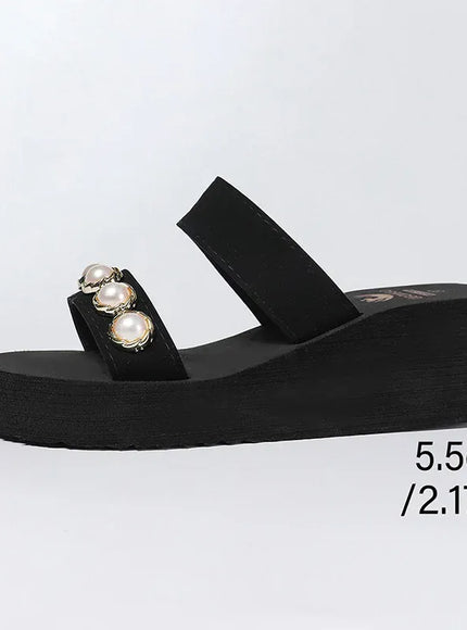 KissICON black / 39 Pearl Chain Decor Wedges Sandals for Women Plus