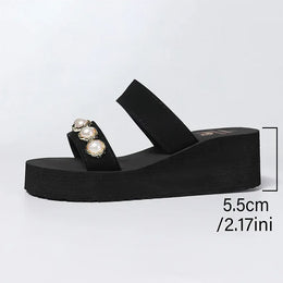 KissICON black / 39 Pearl Chain Decor Wedges Sandals for Women Plus