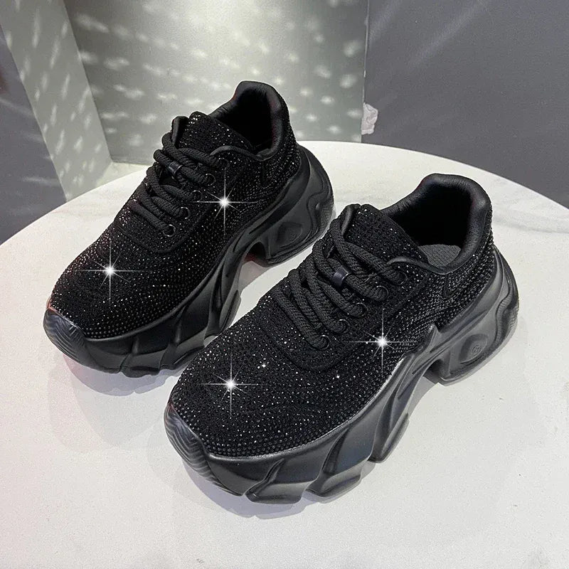 Dropshipman black / 39 Shoes for Women 2024 New Shiny Rhinestone Women's Sneakers Shoes Autumn Korean Fashion Thick Sole Sports Shoes Zapatos De Mujer