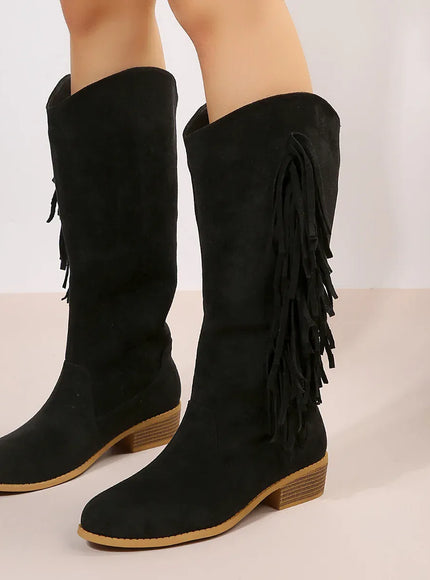 KissICON Black / 39 Western Cowboy Knee-High Boots Black Brown Tassels Women's