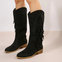 KissICON Black / 39 Western Cowboy Knee-High Boots Black Brown Tassels Women's