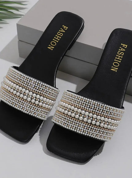 KissICON black / 39 Women's Flat Bottom Sandals 2025 Summer New Style Beaded Rhinestone Shoes Womens Outdoor Fashion Slippers
