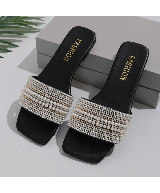 KissICON black / 39 Women's Flat Bottom Sandals 2025 Summer New Style Beaded Rhinestone Shoes Womens Outdoor Fashion Slippers