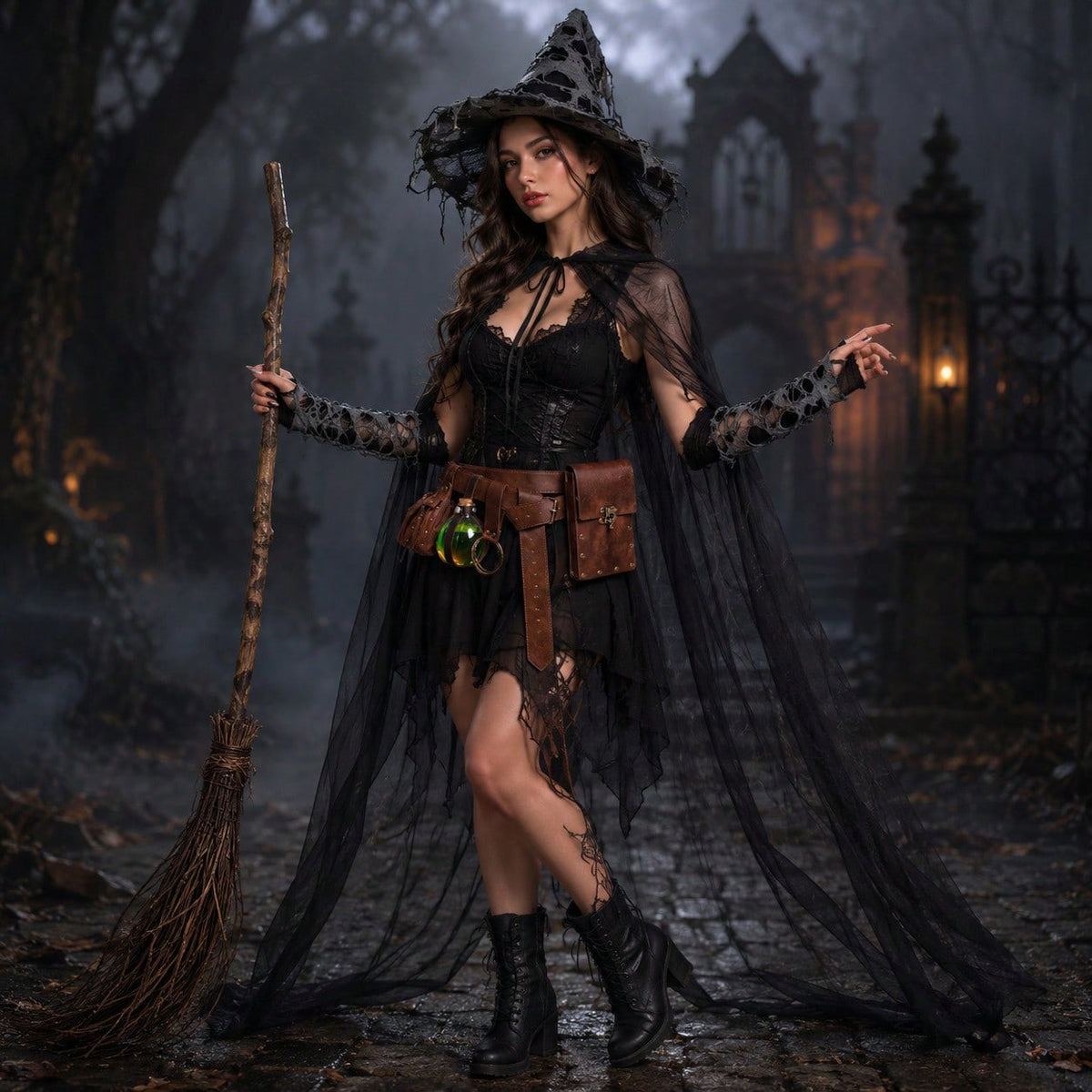 KissICON Black / 3pcs Gothic Witch Costume Complete Halloween Party Outfit Set