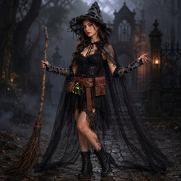 KissICON Black / 3pcs Gothic Witch Costume Complete Halloween Party Outfit Set
