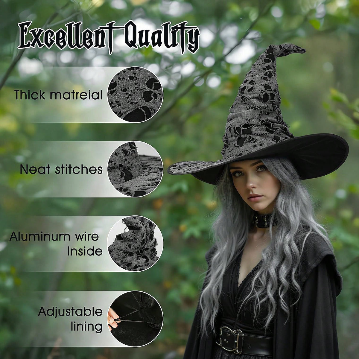 KissICON Black / 3pcs Gothic Witch Costume Complete Halloween Party Outfit Set