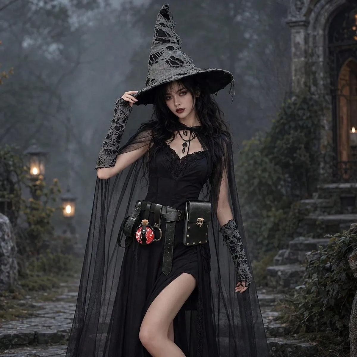 KissICON Black / 3pcs Gothic Witch Costume Complete Halloween Party Outfit Set