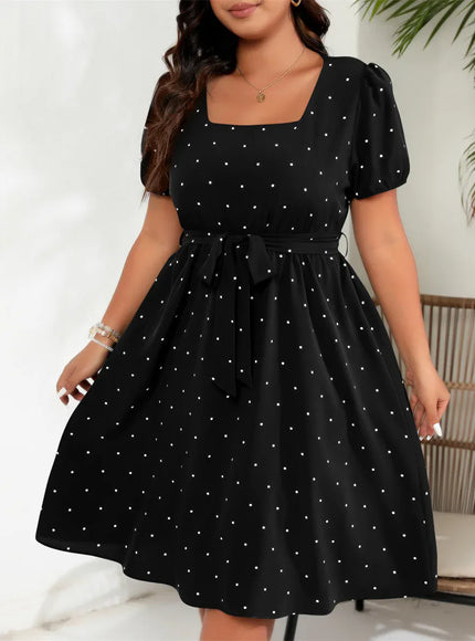 KissICON black / 3XL GIBSIE Plus Elegant Retro Polka Dot Puff Sleeve Belted Swing Dress