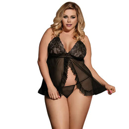 KissICON Black / 3XL(INT.XL-2XL) Plus size half tansparent mesh satin women sexy lingerie set nightgown and sleepshirts babydoll chemise with G-String from M-5XL