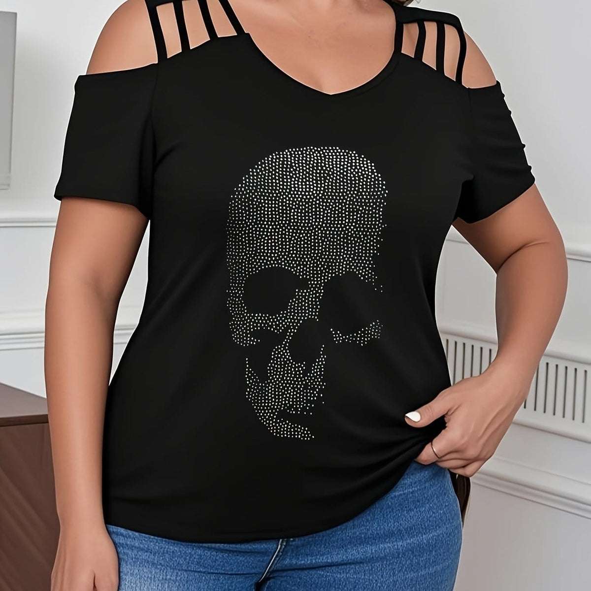 jkthpu-45 Black 4 / UK 16 Plus Size, Plus Size Women's Rhinestone-Embellished Heart Design