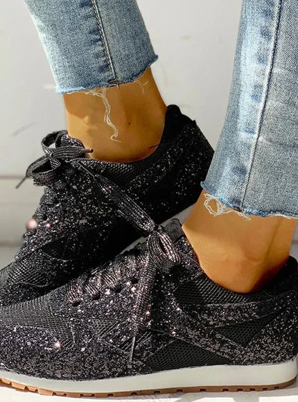 Dropshipman black / 4 Women Flat Glitter Sneakers Casual Bling Vulcanized Shoes Female Mesh Lace Up Platform Comfort Plus Size Fashion Ladies Autumn99