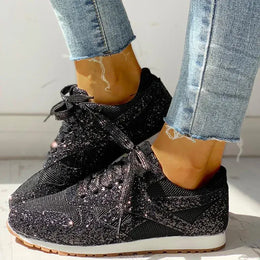 Dropshipman black / 4 Women Flat Glitter Sneakers Casual Bling Vulcanized Shoes Female Mesh Lace Up Platform Comfort Plus Size Fashion Ladies Autumn99
