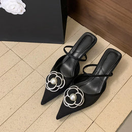 Dropshipman Black / 40 2025 Flower Pointed Toe High Heels Women Luxury Designer Sandals Female Summer Elegant Fashion Pumps Flower Mule Slippers Women