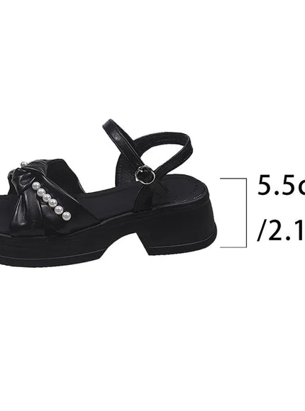 KissICON black / 40 Bowtie Thick Sole Sandals for Women Pearl Chain