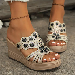 KissICON black / 40 Large Gold Jewel Decor Wedges Sandals for Women
