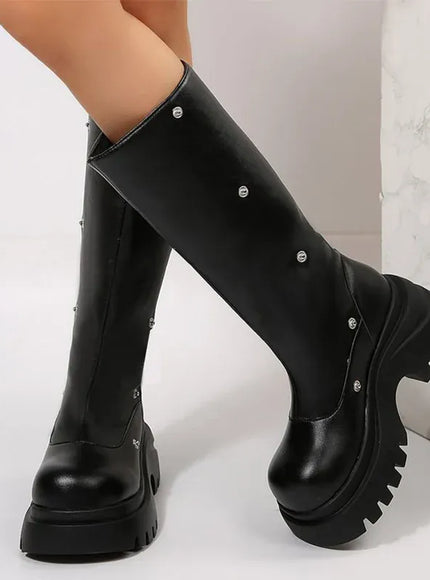KissICON black / 40 Punk Rivet Pleated Black Women's Boots Fashion Chunky