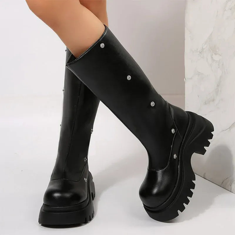KissICON black / 40 Punk Rivet Pleated Black Women's Boots Fashion Chunky