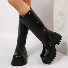 KissICON black / 40 Punk Rivet Pleated Black Women's Boots Fashion Chunky