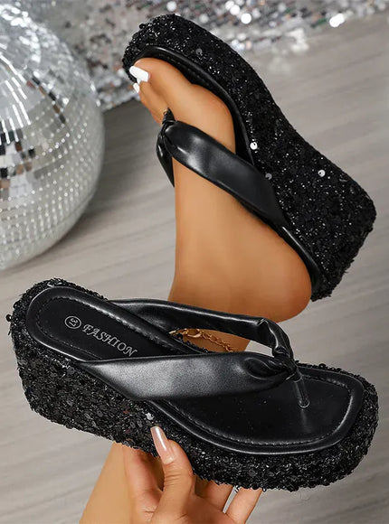 KissICON black / 40 Silver Gold Shiny Sequin Wedge Slippers for Women