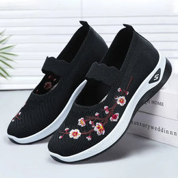 Dropshipman black / 40 Women's Solid  casual sneaker Color Knitted Sneakers, Floral Embroidered Lightweight  women's shoes women's summer shoes