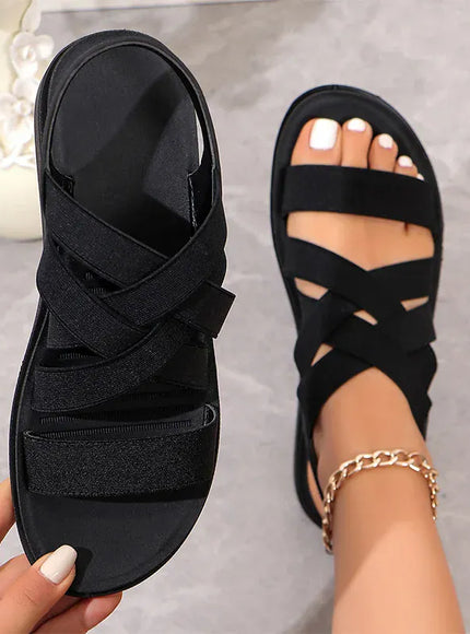 KissICON black / 41 Cross Band Decor Wedges Sandals for Women Plus