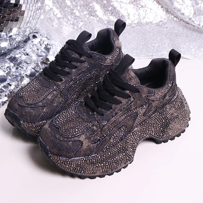 Dropshipman Black / 41 Luxury Rhinestone Chunky Sneakers for Women Fashion Purple Denim Platform Sports Shoes Woman Non Slip Thick Sole Vulcanize Shoes