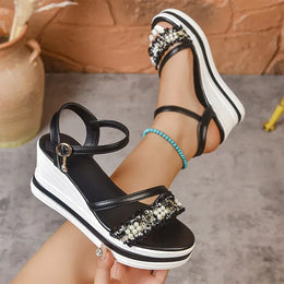 KissICON black / 41 Pearl Flock Wedges Sandals for Women 2025 Fashion