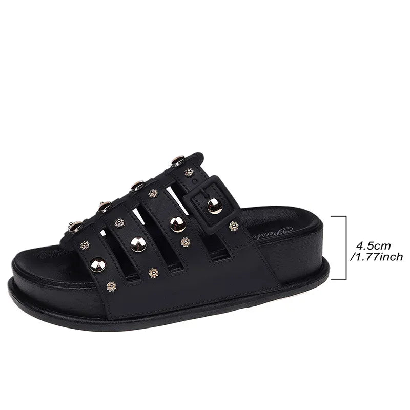KissICON black / 41 Rivet Metal Decor Flat Sandals for Women Plus