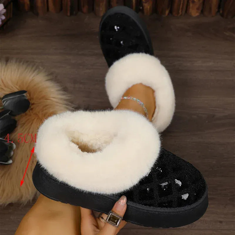 KissICON black / 41 Shiny Sequin Faux Fur Snow Boots for Women