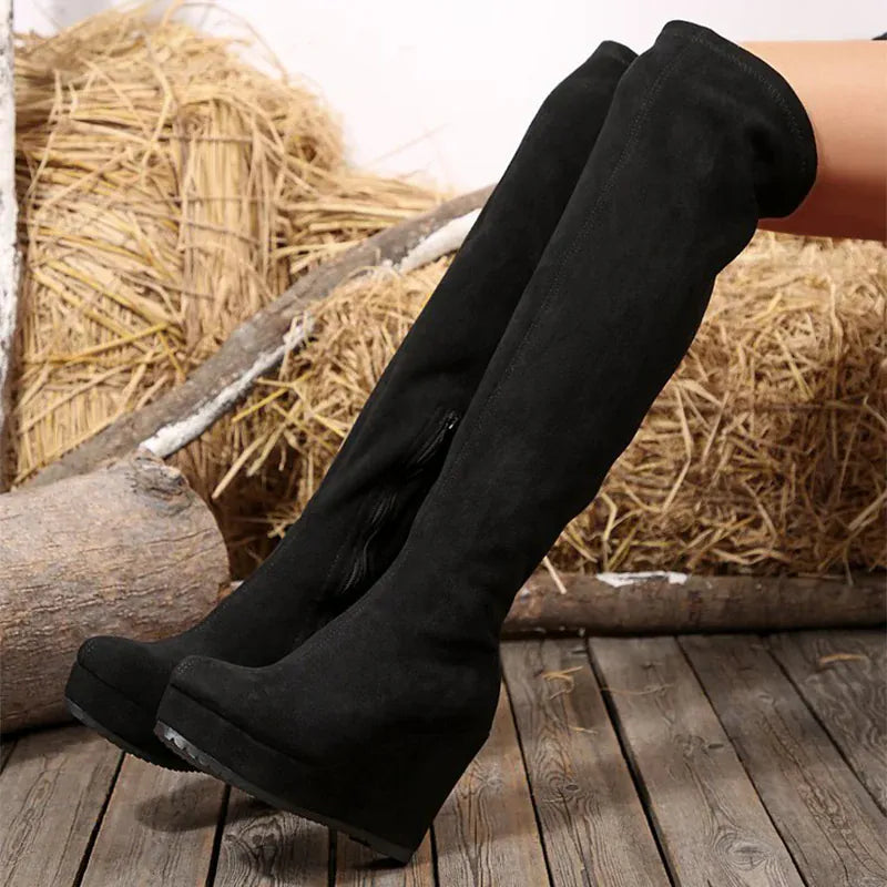 KissICON black / 41 Vintage Black Faux Suede Wedges Boots Women Sexy