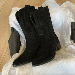 KissICON black / 41 Women Western Boots Autumn Winter Embroidery Flower Women
