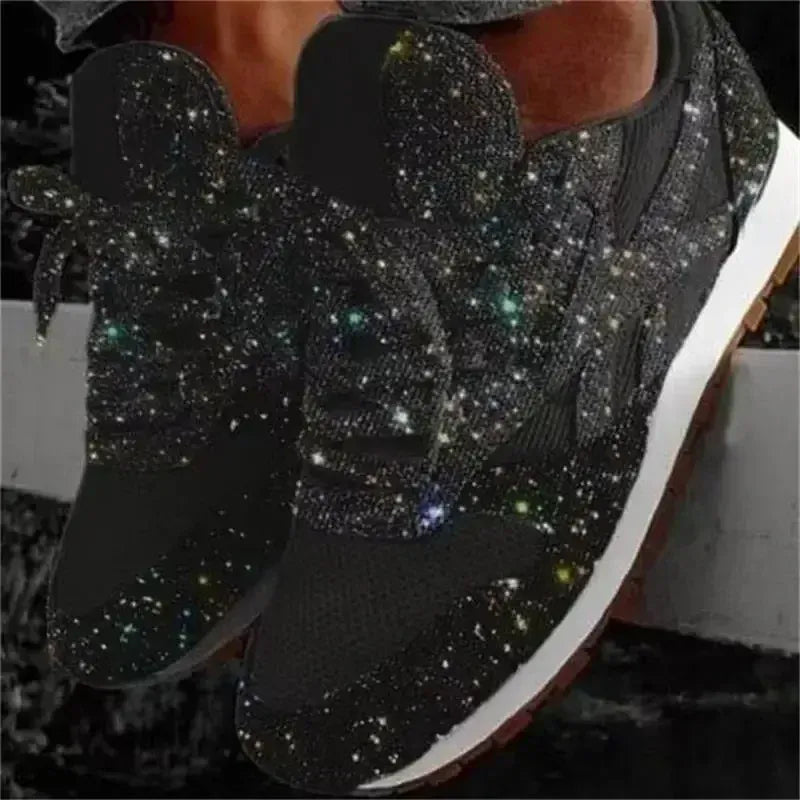 Dropshipman black / 42 2024 New Women Flat Sneakers Casual Bling Vulcanized Shoes Women Mesh Lace Up Platform Plus Size Fashion Outdoor Woman Shoes
