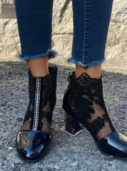 KissICON Black / 42 Boots Women's Mesh Floral Embroidery Clear Chunky Heel