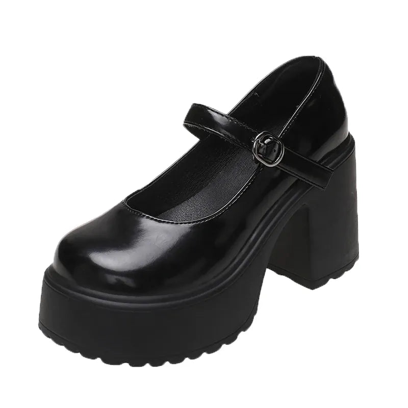 Dropshipman black / 42 Chunky Platform High Heels Pumps Women 2023 Autumn Pu Leather Ankle Buckle Mary Jane Shoes Woman Thick Heeled White Lolita Shoes