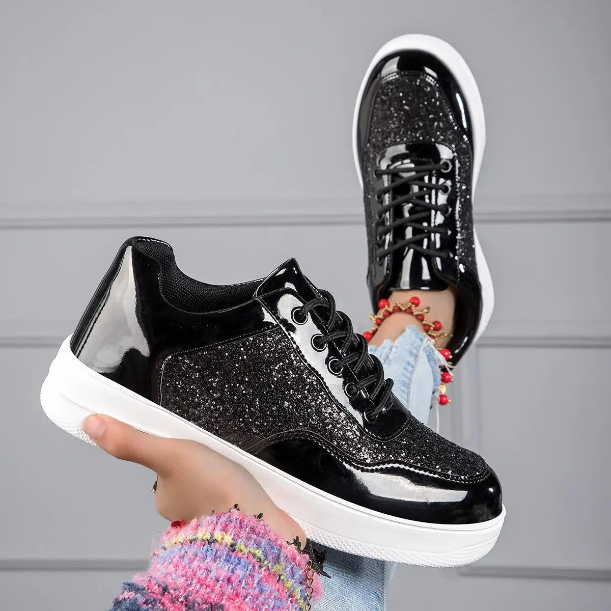 Dropshipman black / 42 Shiny Silver Women Casual Shoes Leather Platform Sports Shoes Woman Glitter Bling Sneakers Black Flat Sneakers Skateboard Shoes