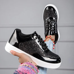 Dropshipman black / 42 Shiny Silver Women Casual Shoes Leather Platform Sports Shoes Woman Glitter Bling Sneakers Black Flat Sneakers Skateboard Shoes