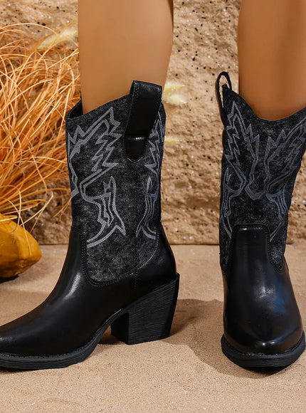 KissICON black / 42 Vintage Embroidery High Heels Western Boots Women 2025