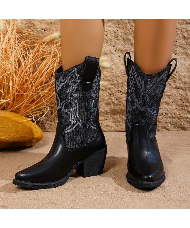 KissICON black / 42 Vintage Embroidery High Heels Western Boots Women 2025
