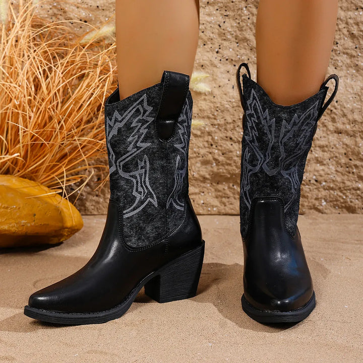 Vintage Embroidery High Heels Western Boots Women 2025