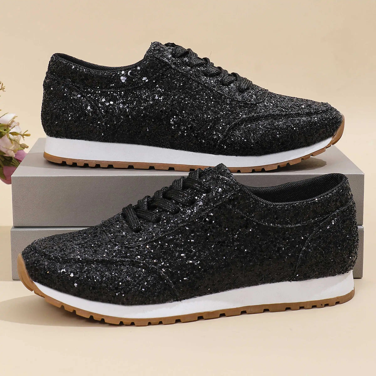 Dropshipman black / 42 Women Flat Glitter Sneakers Casual Bling Vulcanized Shoes Female Mesh Lace Up Platform Comfort Plus Size Fashion Ladies Autumn