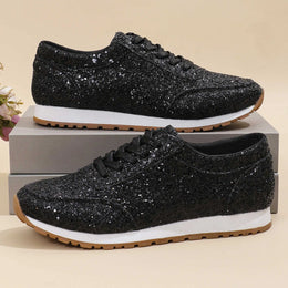 Dropshipman black / 42 Women Flat Glitter Sneakers Casual Bling Vulcanized Shoes Female Mesh Lace Up Platform Comfort Plus Size Fashion Ladies Autumn