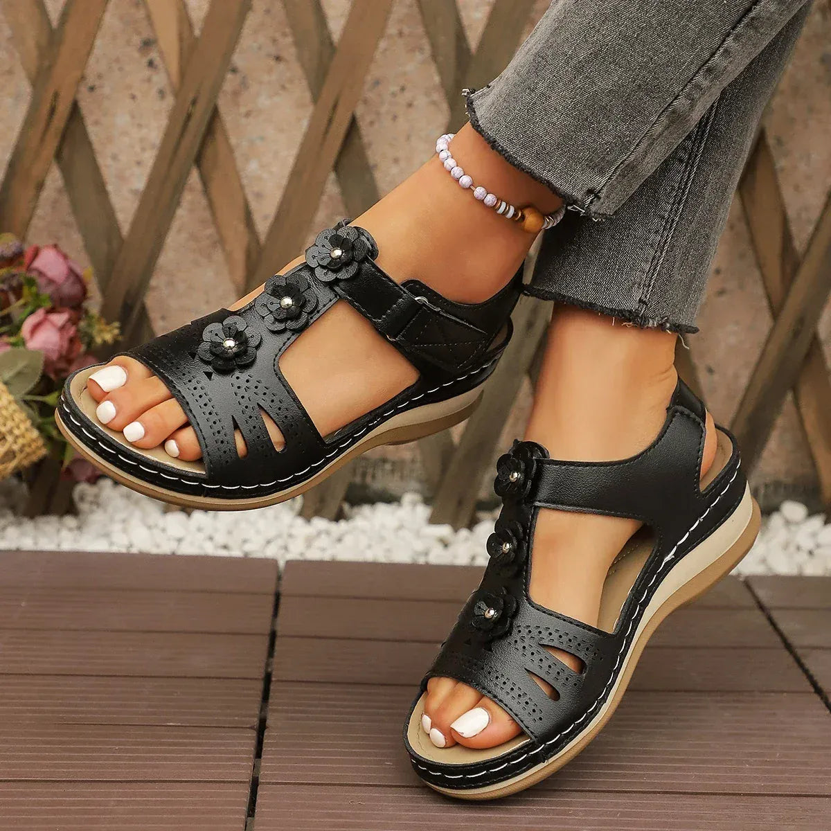 KissICON black / 43 Fashion Flower Decor Wedge Sandals Women 2025 Summer
