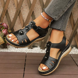 KissICON black / 43 Fashion Flower Decor Wedge Sandals Women 2025 Summer