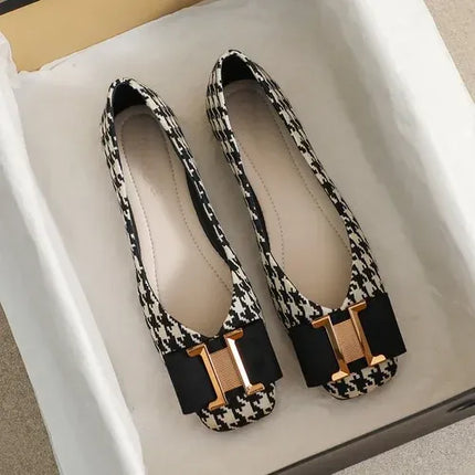 KissICON Black / 46 Square Toe Flat Shoes for Women's Spring Metal