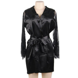 KissICON Black / 5XL(INT.3XL-4XL Big Size Women's Faux Silk Robe Set Transparent V Neck Sleepwear Nightgown Plus Size Sexy Babydoll Lingerie with Panties