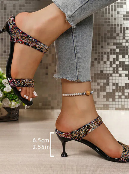 KissICON black 6.5cm / 35 Shiny Crystal High Heels Sandals for Women Plus