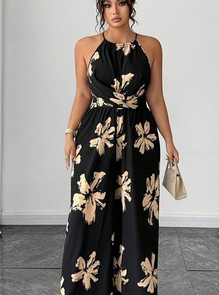 jkthpu-45 jumpsuit Black almond blossom / UK 16 Floral Sleeveless Plus Size Summer Casual Jumpsuit