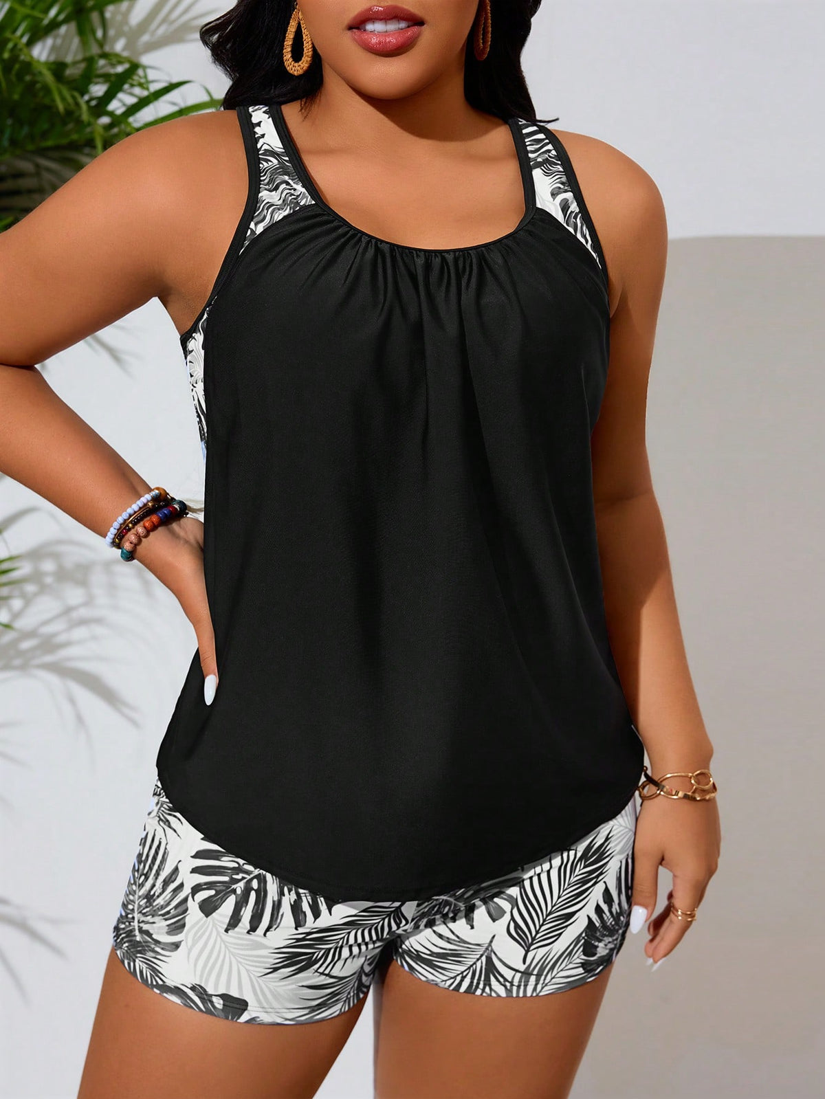 KissICON Black and White / 0XL Swim Lushoire Curve Random Print Tankini – Beach Vacation