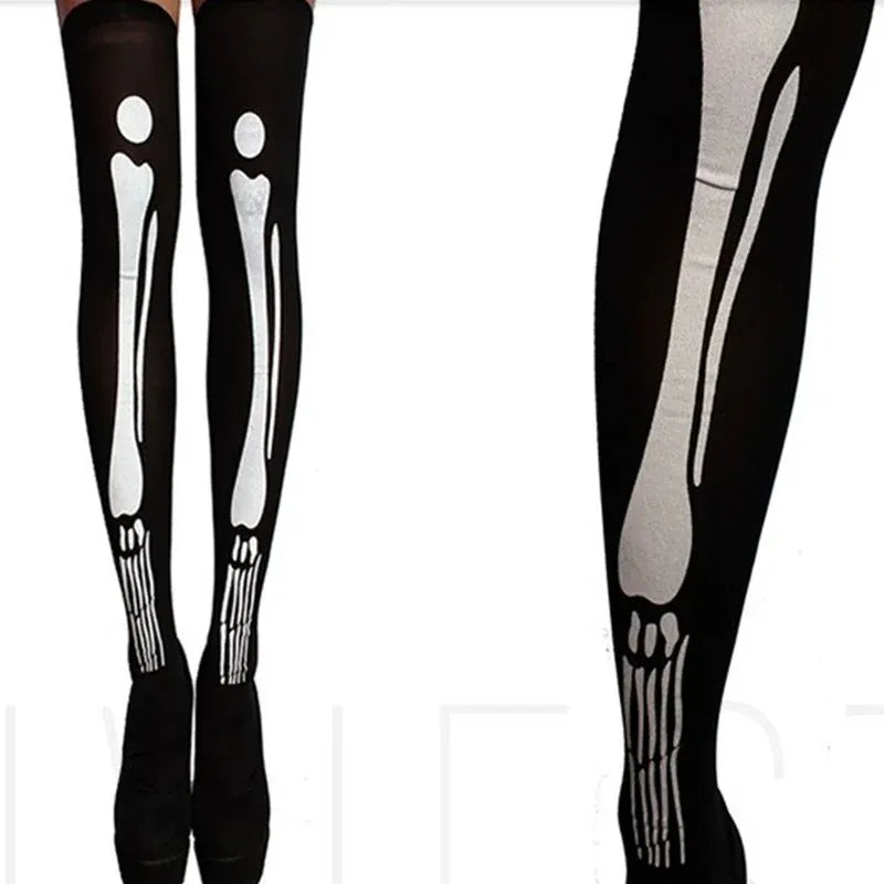 KissICON black and white Halloween April Fools Day Theme Party Role Playing Horror Skull Print Long Tube Tight Stockings Costume Women Festival