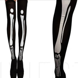 KissICON black and white Halloween April Fools Day Theme Party Role Playing Horror Skull Print Long Tube Tight Stockings Costume Women Festival